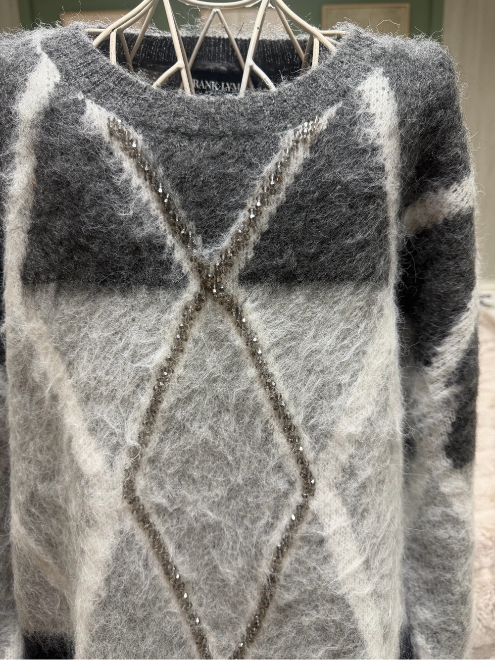 NWT-Frank Lyman Design Gray & White Mohair-Blend Diamond Sweater W/Beaded Detail - Picture 2 of 12